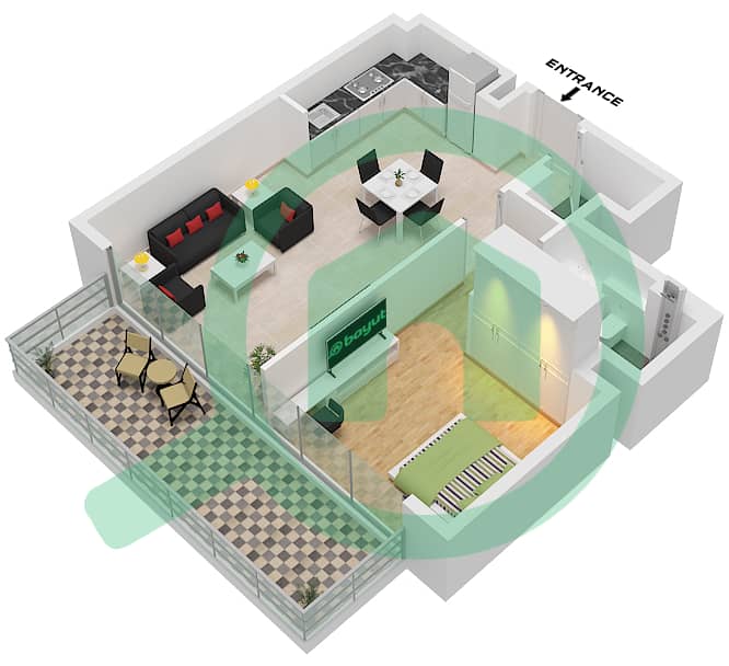Binghatti Ruby - 1 Bedroom Apartment Type 3 Floor plan Type 3 interactive3D