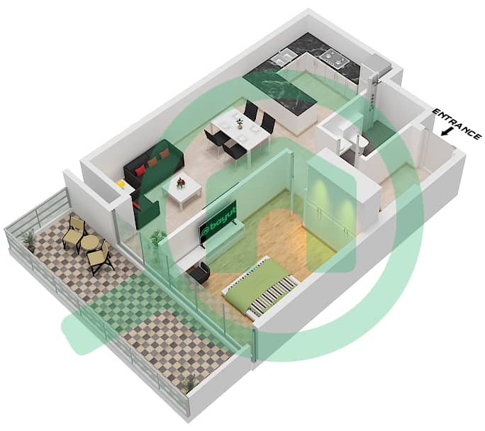 Binghatti Ruby - Grundriss für 1 Schlafzimmer Wohnung Typ 9 Type 9 interactive3D