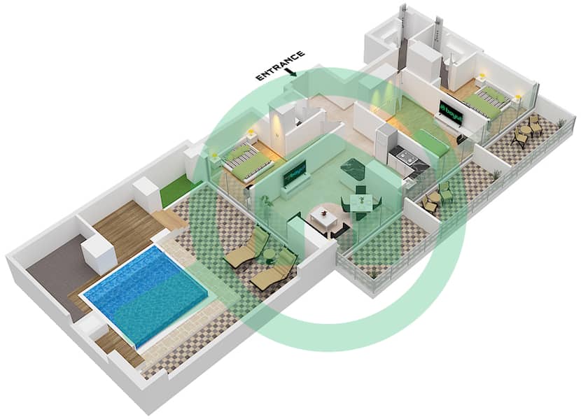 Type 1 Binghatti Ruby - Grundriss für 3 Schlafzimmer Wohnung Typ 1 Type 1 interactive3D
