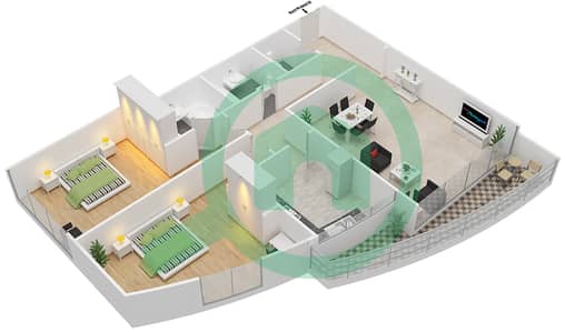 المخططات الطابقية لتصميم الوحدة 3,14 شقة 2 غرفة نوم - برج هورايزون A