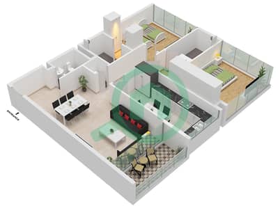 المخططات الطابقية لتصميم النموذج A شقة 2 غرفة نوم - تريا