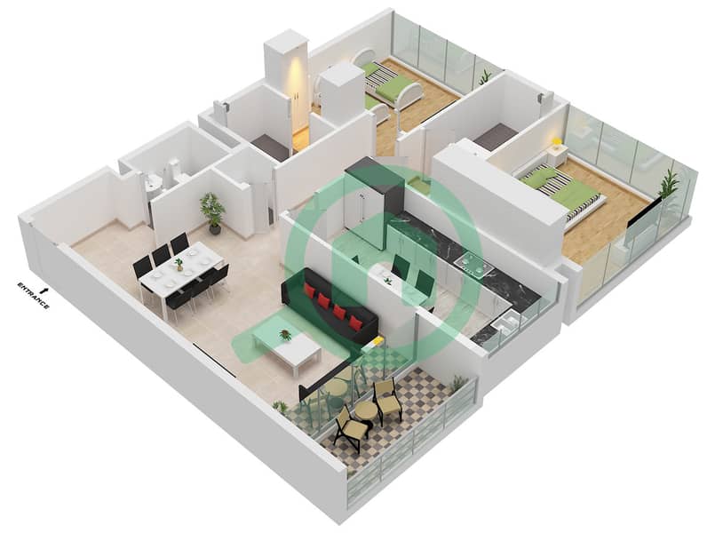 المخططات الطابقية لتصميم النموذج A شقة 2 غرفة نوم - تريا Type A Floor 2-21 interactive3D