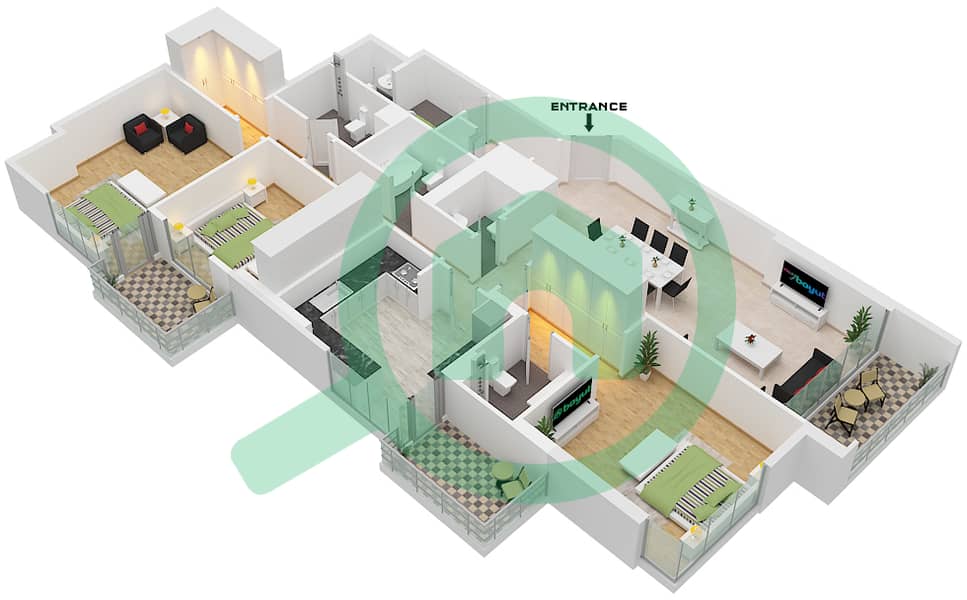 Ajman Creek Towers - Plano de planta de 3 habitaciones Apartamento Unidad 04 Unit 04 interactive3D