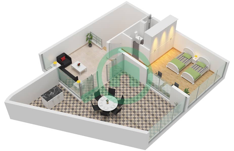 المخططات الطابقية لتصميم النموذج B FLOOR 1,PODIUM 2,3 شقة 3 غرف نوم - تريا Type B Floor 1 Roof interactive3D