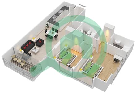 المخططات الطابقية لتصميم النموذج B شقة 2 غرفة نوم - أويسز هاي بارك