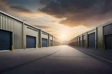 Factory for Sale in Al Madam, Sharjah - a-row-of-storage-units-with-a-sun-setting-behind-them-ai-generated-free-photo. jpg