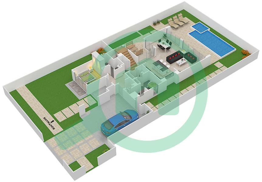 المخططات الطابقية لتصميم النموذج 3 فیلا 4 غرف نوم - فلل سيدرا 2 Ground Floor image3D