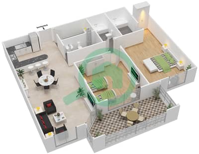المخططات الطابقية لتصميم النموذج A1 شقة 2 غرفة نوم - خليج ماربيلا- غرب