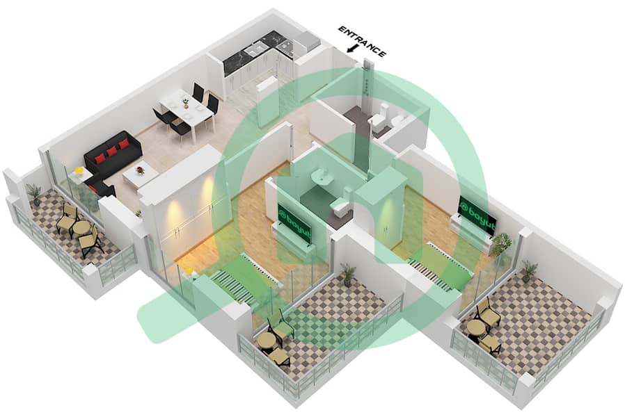 Type 3 Laya Heights - 2 Bedroom Apartment Type 3 Floor plan Type 3 interactive3D