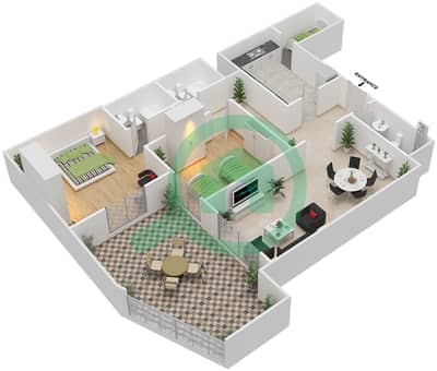 المخططات الطابقية لتصميم النموذج C1 شقة 2 غرفة نوم - خليج ماربيلا- غرب