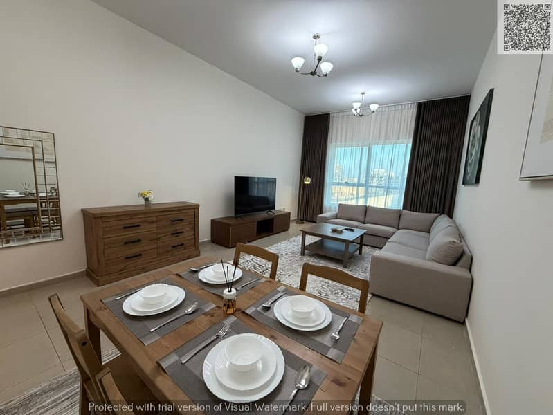 Furnished 2-bedroom apartment for monthly rent on Ajman Corniche, first tenant, sea view, all utilities included.