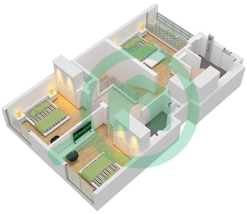Vindera - Plano de planta de 3 habitaciones Casa adosada Tipo/unidad 4 PLEX STYLE 2 / UNIT 2 Type 4 Plex Style 2 Unit 2(TH3) Floor First, Type 6 Plex Style 2, Unit 2(TH4),2(TH5) Floor First interactive3D