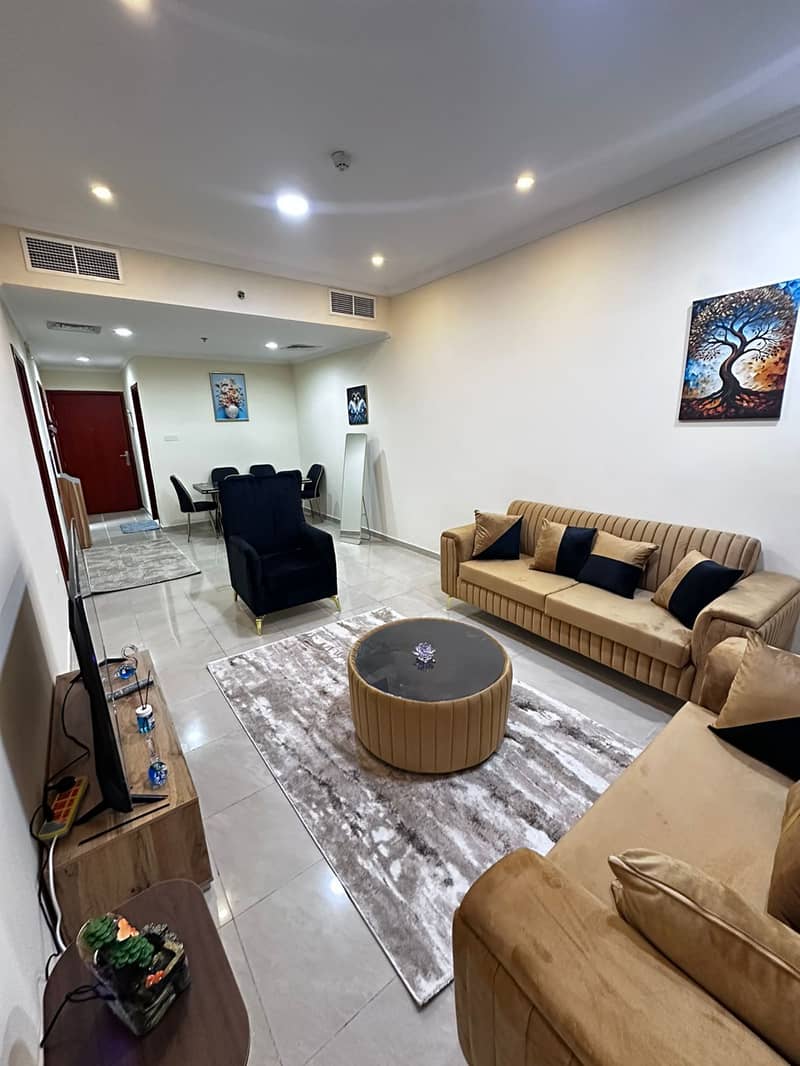 Furnished one-bedroom apartment for rent in Al Rumaila, Ajman. Second row from the Corniche, first occupancy, all bills included, ready to move in.