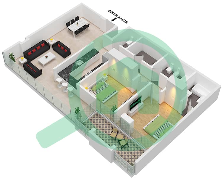 Botanica Tower - Planimetria del piano di 2 Camere Appartamento Unità 3 Unit 3 interactive3D