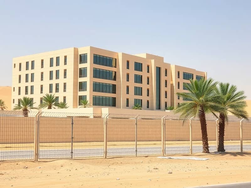 An_exterior_view_of_a_modern_labor_camp_in_the_UAE_featuring_a_large_multi_story_building_with_beige_colored_concrete_exterior_and_large_windows. _The_camp_is_surrounded_by_a_well_maintained_fence_with_a_desert_landsc. jpeg An_exterior_view_of_a_modern_labor_camp_in_the_UAE_featuring_a_large_multi_story_building_with_beige_colored_concrete_exterior_and_large_windows. _The_camp_is_surrounded_by_a_well_maintained_fence_with_a_desert_landsc. jpeg