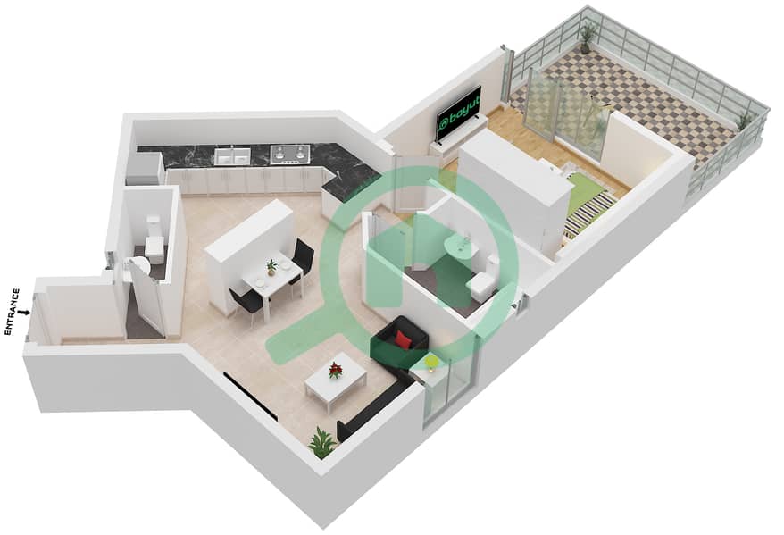 Type 9 Orient Towers - Plano de planta de 1 habitación Apartamento Tipo 9 Type 9 interactive3D
