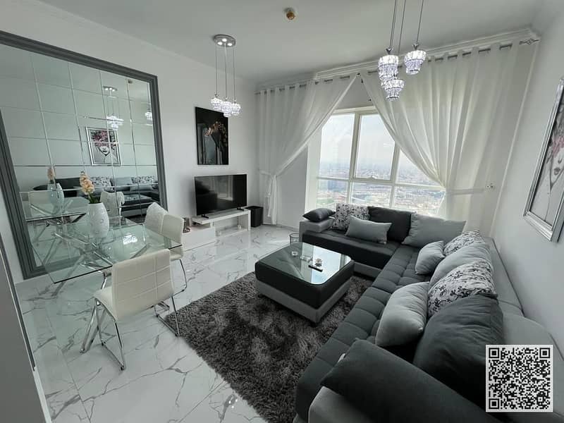 Fully furnished one-bedroom apartment with a hall, with open view, including all services, with a gym, swimming pool, and private parking.