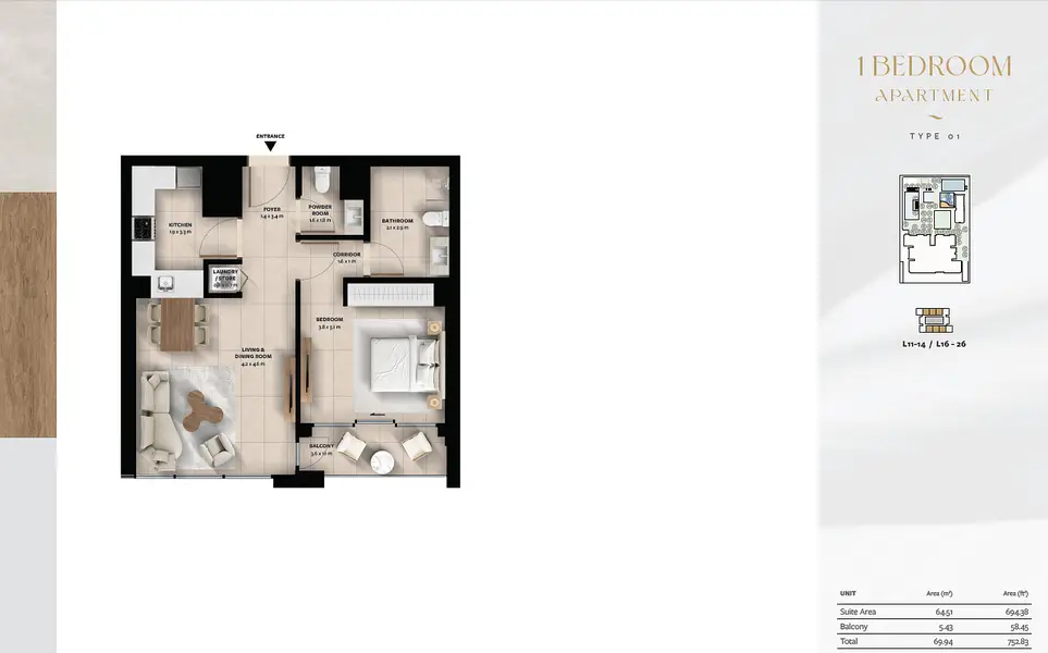1 BR floor plan