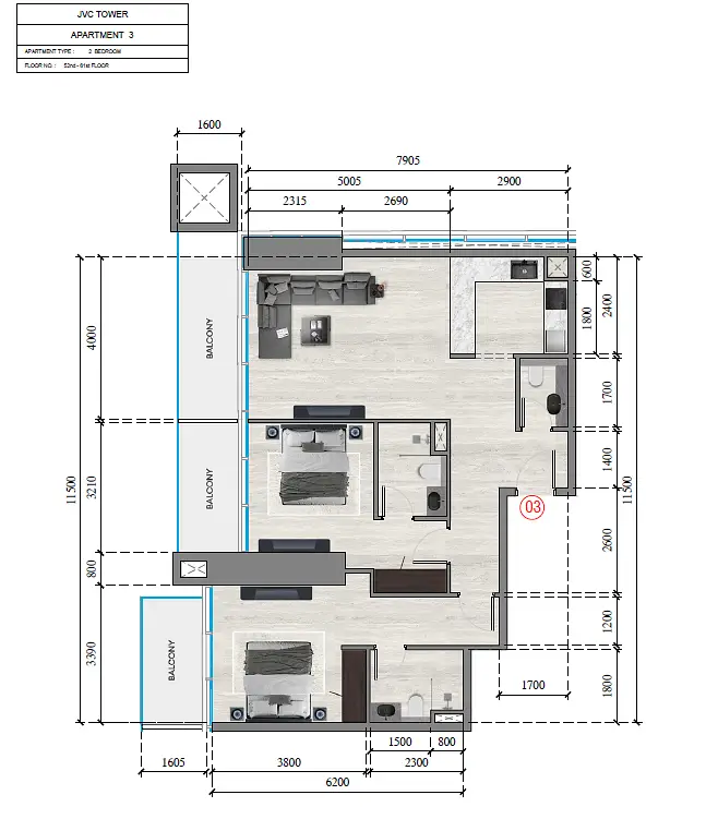 3 BR floor plan