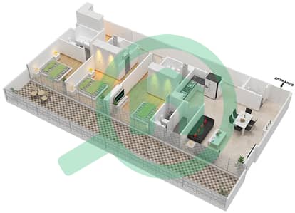 المخططات الطابقية لتصميم النموذج / الوحدة B/1 شقة 3 غرف نوم - برج سيلفرين A