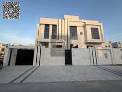 Villa for rent in Al Yasmin, first occupancy, opposite Al Rahmaniya, Sharjah. Prime location. The villa consists of: 6 master bedrooms, a living room