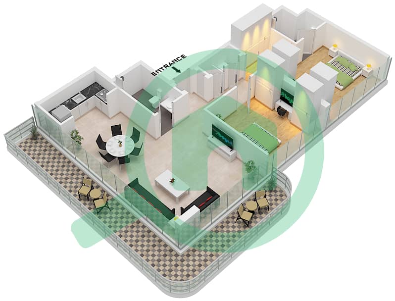 Type 1 Unit 15 Floor 2 Azizi Raffi - 2 Bedroom Apartment Type/unit 1 / UNIT 15 FLOOR 2 Floor plan Type 1 Unit 15 Floor 2 interactive3D