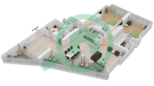 المخططات الطابقية لتصميم الوحدة 206 FLOOR 2 شقة 2 غرفة نوم - ليف ريزيدنس