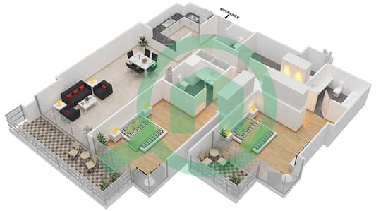 المخططات الطابقية لتصميم الوحدة 8 FLOOR 2 شقة 2 غرفة نوم - ليف ريزيدنس