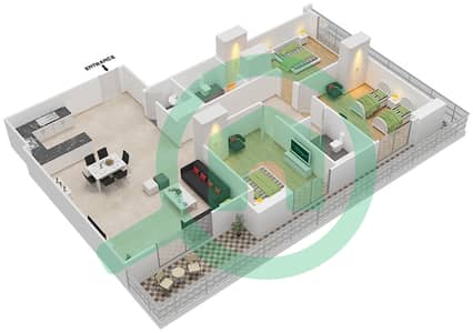 المخططات الطابقية لتصميم النموذج A شقة 3 غرف نوم - برح صبربيا 2