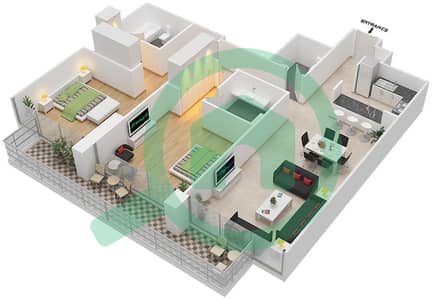 المخططات الطابقية لتصميم الوحدة 2 FLOOR 11 شقة 2 غرفة نوم - ليف ريزيدنس