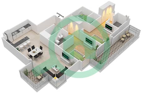 المخططات الطابقية لتصميم الوحدة 4 FLOOR 13-22 شقة 2 غرفة نوم - ليف ريزيدنس