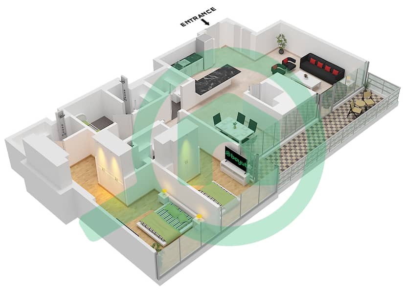 Type J Unit 10 Floor 47-69 Sobha Skyparks - 2 Bedroom Apartment Type/unit J / UNIT 10 FLOOR 47-69 Floor plan Type J Unit 10 Floor 47-69 interactive3D