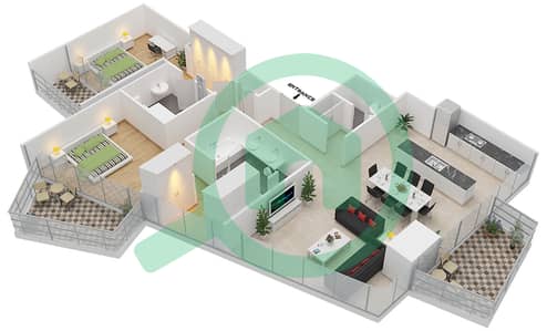 المخططات الطابقية لتصميم النموذج A شقة 2 غرفة نوم - بلوم سنترال