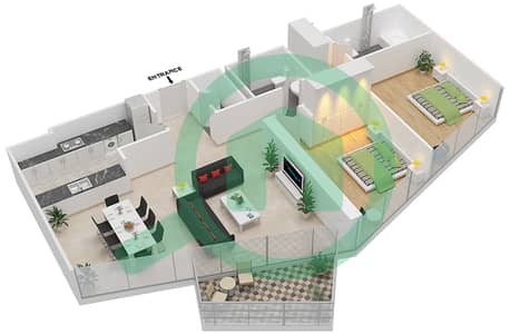 المخططات الطابقية لتصميم النموذج F شقة 2 غرفة نوم - بلوم سنترال