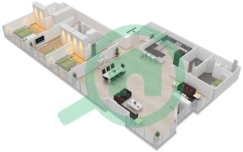 المخططات الطابقية لتصميم النموذج / الوحدة A/3 شقة 3 غرف نوم - برج سيلفرين A