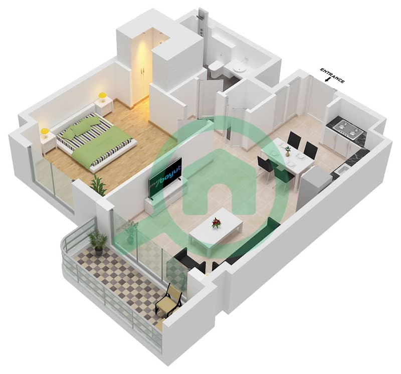 Type A3 Unit 14 Floor 2-7 Pier Point 1 - 1 Bedroom Apartment Type/unit A3 / UNIT 14 FLOOR 2-7 Floor plan Type A3 Unit 14 Floor 2-7 interactive3D