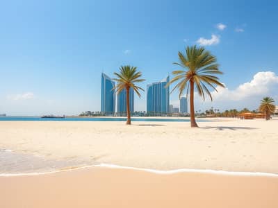 ارض تجارية  للبيع في جزيرة المرجان، رأس الخيمة - A_serene_view_of_an_empty_plot_on_Morjan_Island_Beach_in_Dubai. _The_scene_showcases_a_soft_sandy_beach_with_gentle_waves_lapping_at_the_shore. _In_the_background_there_are_modern_skyscrapers_reflecting_in_the_water. _T. jpeg