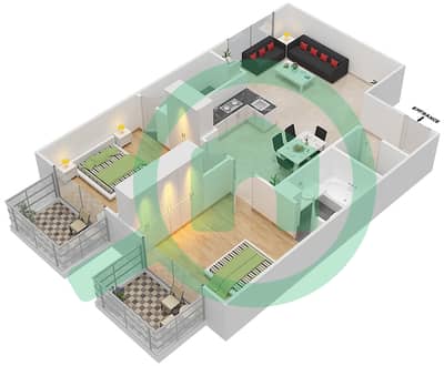 المخططات الطابقية لتصميم الوحدة 424 شقة 2 غرفة نوم - ريزورتز من دانوب