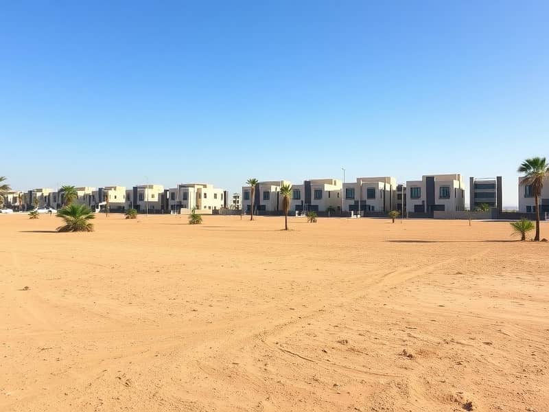 A_large_empty_residential_plot_in_the_UAE_featuring_flat_terrain_with_sandy_soil_and_sparse_vegetation. _The_scene_showcases_a_vast_clearing_with_a_few_scattered_palm_trees_and_bushes_under_a_clear_blue_sky. _In_the_ba. jpeg A_large_empty_residential_plot_in_the_UAE_featuring_flat_terrain_with_sandy_soil_and_sparse_vegetation. _The_scene_showcases_a_vast_clearing_with_a_few_scattered_palm_trees_and_bushes_under_a_clear_blue_sky. _In_the_ba. jpeg