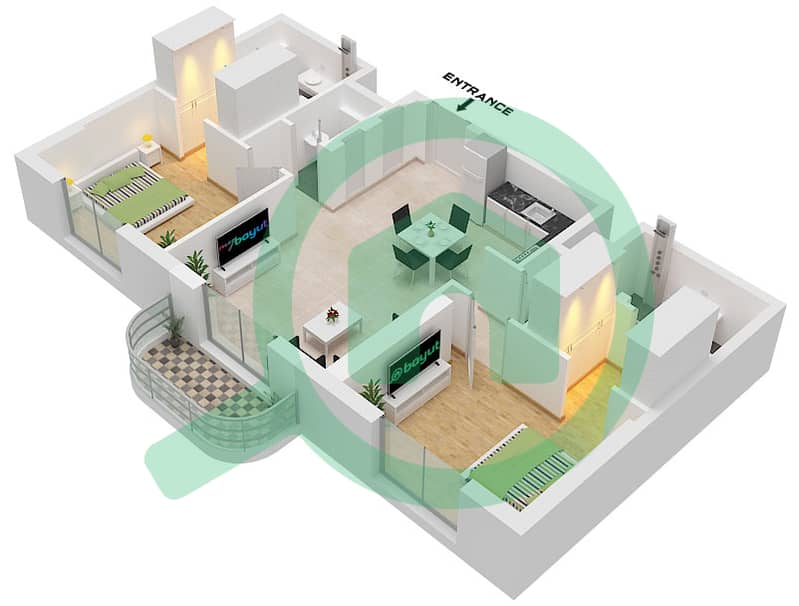 Savannah - Grundriss für 2 Schlafzimmer Wohnung Typ A Type A interactive3D