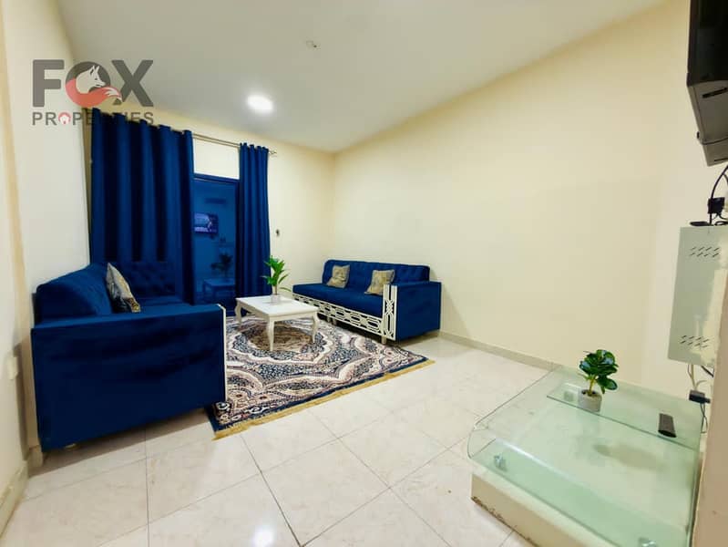 A furnished one-bedroom apartment for monthly rent in the Al Nuaimiya area within the Emirate of Ajman, in a prime location opposite Thumbay Hospital,