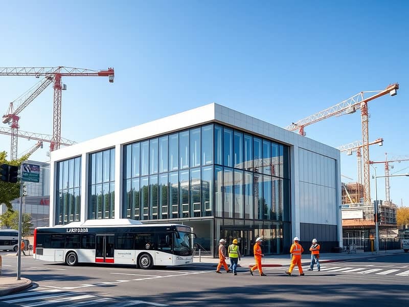 A_contemporary_labor_accommodation_building_with_a_modern_design_featuring_large_glass_windows_located_at_a_busy_intersection. _The_building_should_have_a_sleek_and_professional_appearance_with_a_bus_parked_in_front_a. jpeg A_contemporary_labor_accommodation_building_with_a_modern_design_featuring_large_glass_windows_located_at_a_busy_intersection. _The_building_should_have_a_sleek_and_professional_appearance_with_a_bus_parked_in_front_a. jpeg