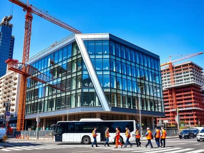 Labour Camp for Rent in Industrial Area, Sharjah - A_sleek_modern_labor_accommodation_building_with_expansive_glass_windows_situated_at_a_busy_urban_intersection. _The_structure_has_an_angular_design_and_is_surrounded_by_construction_cranes_and_active_building_sites. _. jpeg