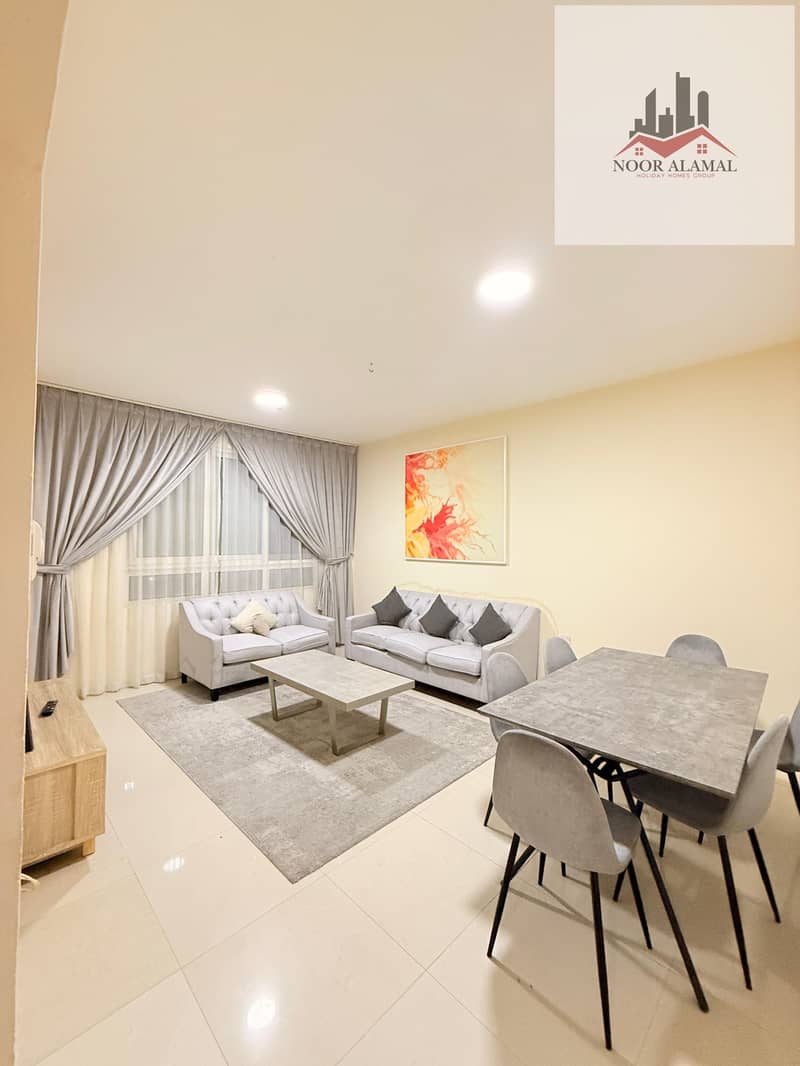 Sharjah, Al Majaz 3 One bedroom, living room, kitchen, two bathrooms, and balcony. Price: 3800 AED including internet only. Located near Al Safiya Par