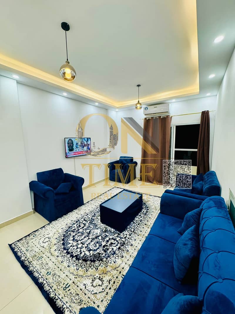 Furnished one-bedroom apartment in Ajman Corniche, all bills included, prime location, suitable for families.