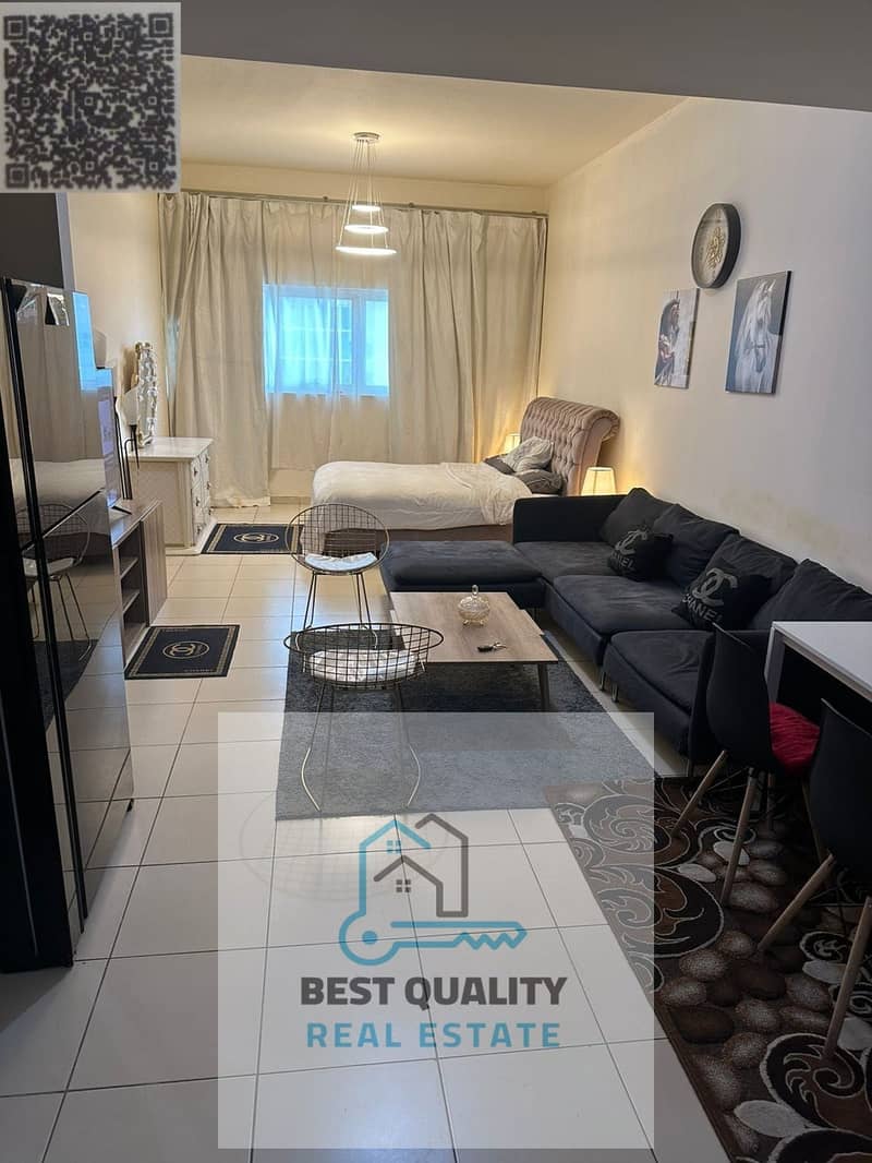 Furnished studio for monthly rent in Ajman One Tower, Al Rashidiya 3, prime location near Verona Roundabout and Dubai/Sharjah exit, all bills