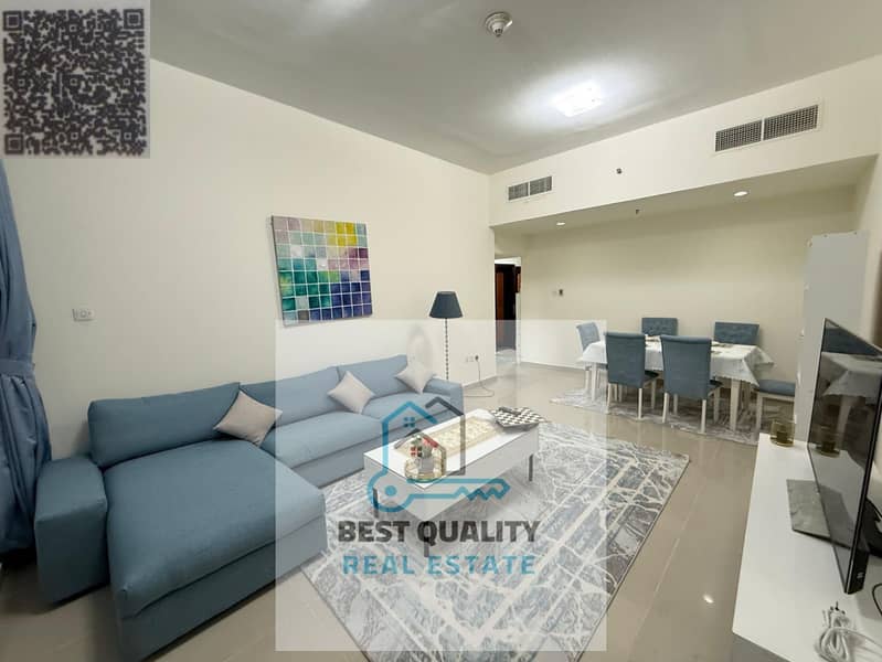 Furnished 2-bedroom apartment for monthly rent on Ajman Corniche, first tenant, very clean furniture, full sea view, all bills and parking included