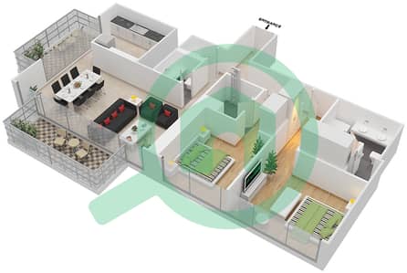 المخططات الطابقية لتصميم الوحدة 102 شقة 2 غرفة نوم - بوليفارد هايتس بوديوم