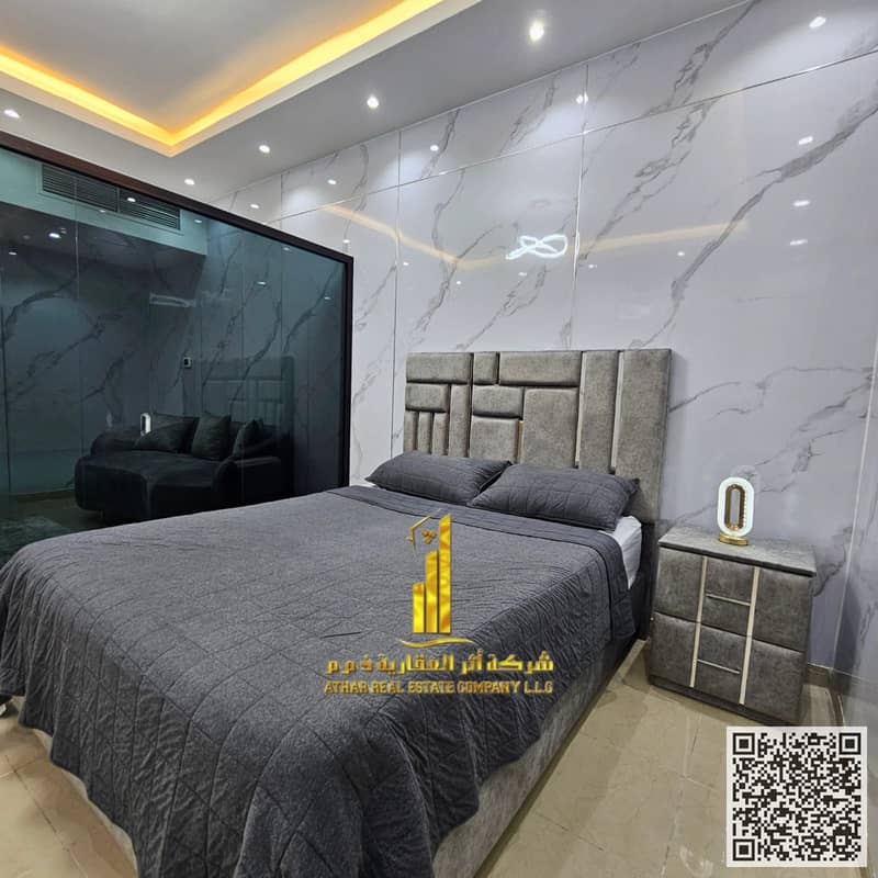 Luxury furnished studio apartment for monthly rent in Ajman- Al Rashidiya 1 - Horizon Towers - semi-separate kitchen - all bills and internet included