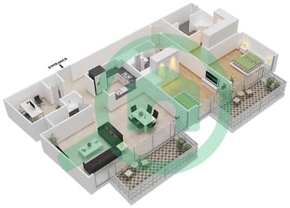 المخططات الطابقية لتصميم الوحدة 108 شقة 2 غرفة نوم - بوليفارد هايتس بوديوم